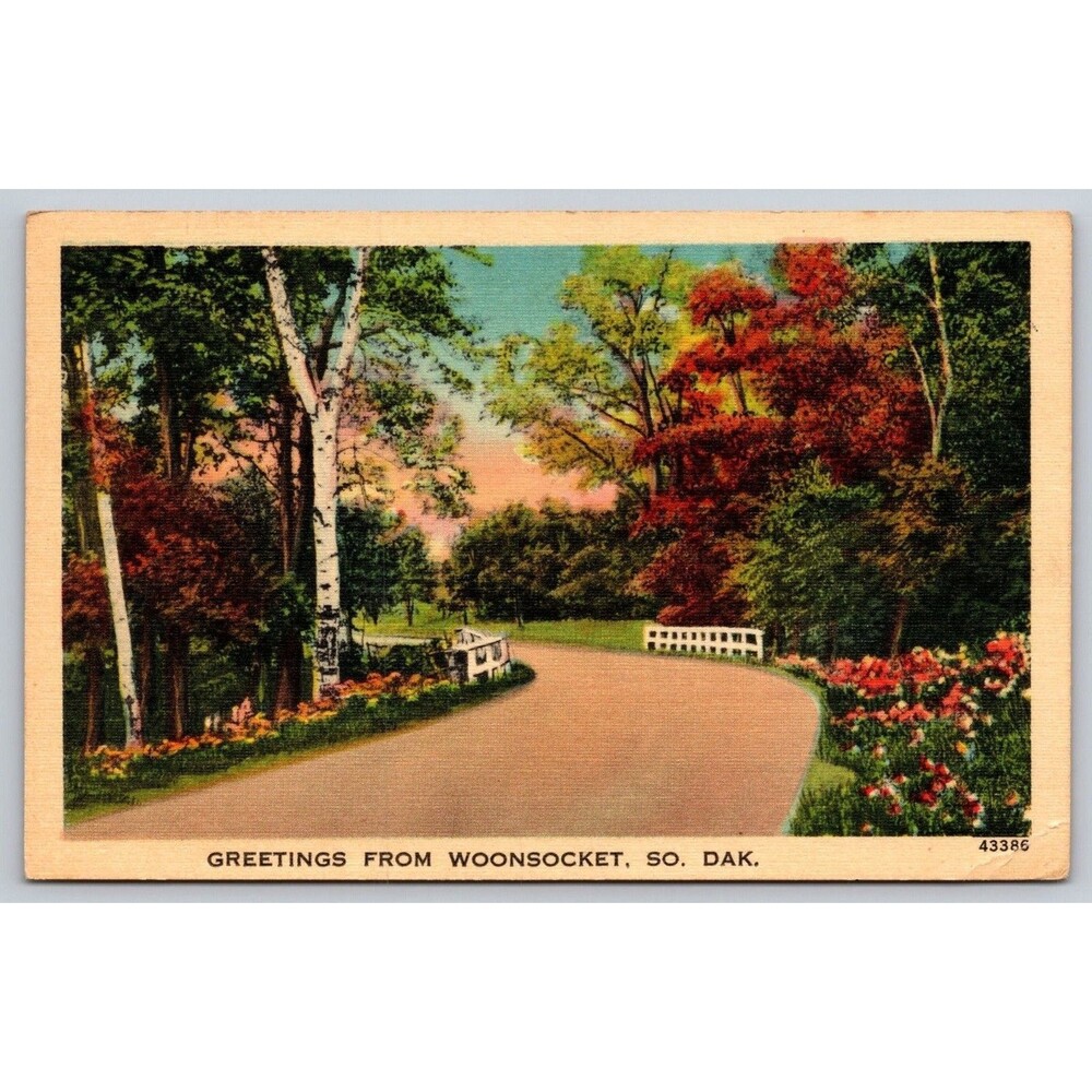 Vintage 1945 Woonsocket South Dakota SD Linen Postcard Hunting Mention Road